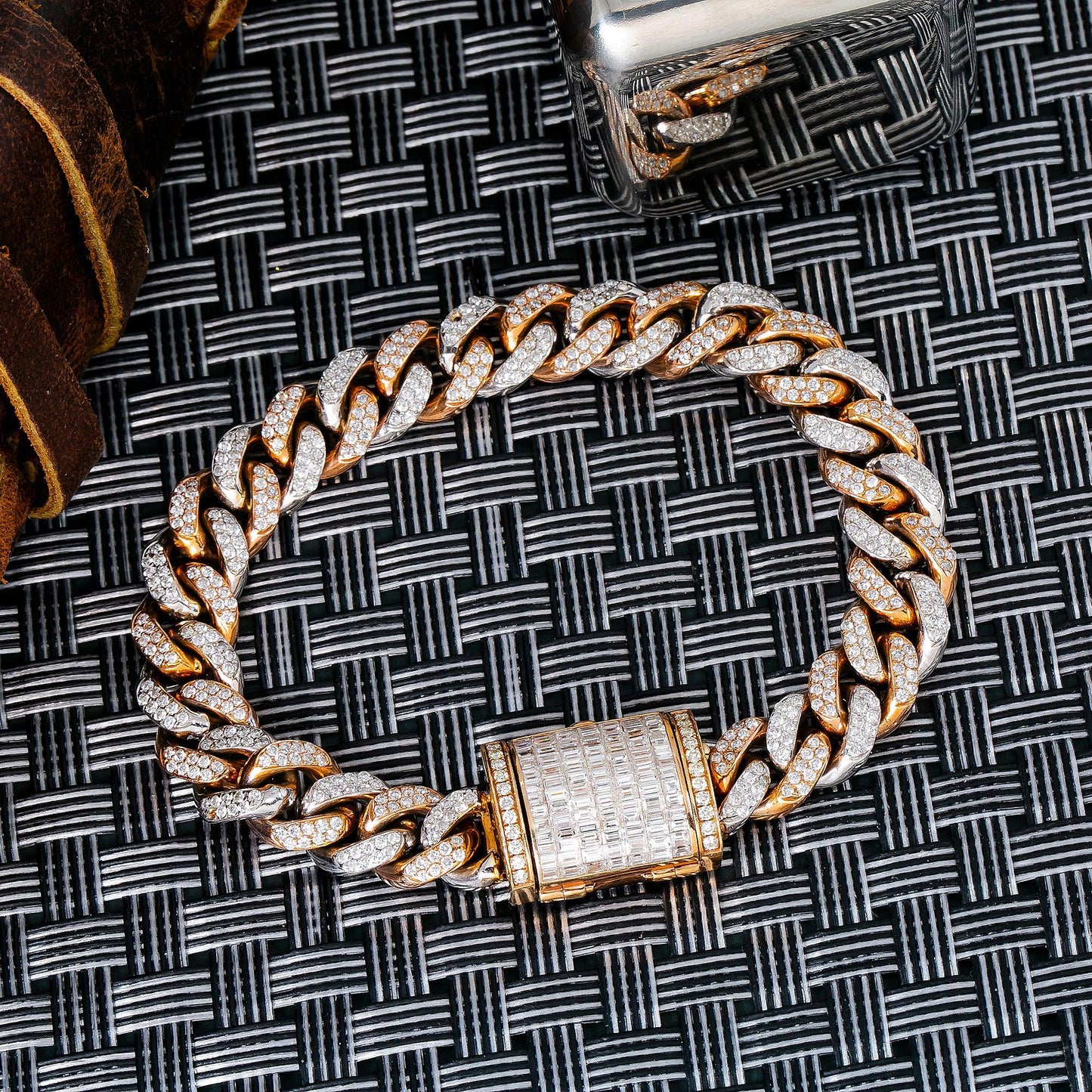 14K WHITE/ ROSE GOLD CUBAN BRACELET WITH 7.5 CT BAGUETTE DIAMONDS