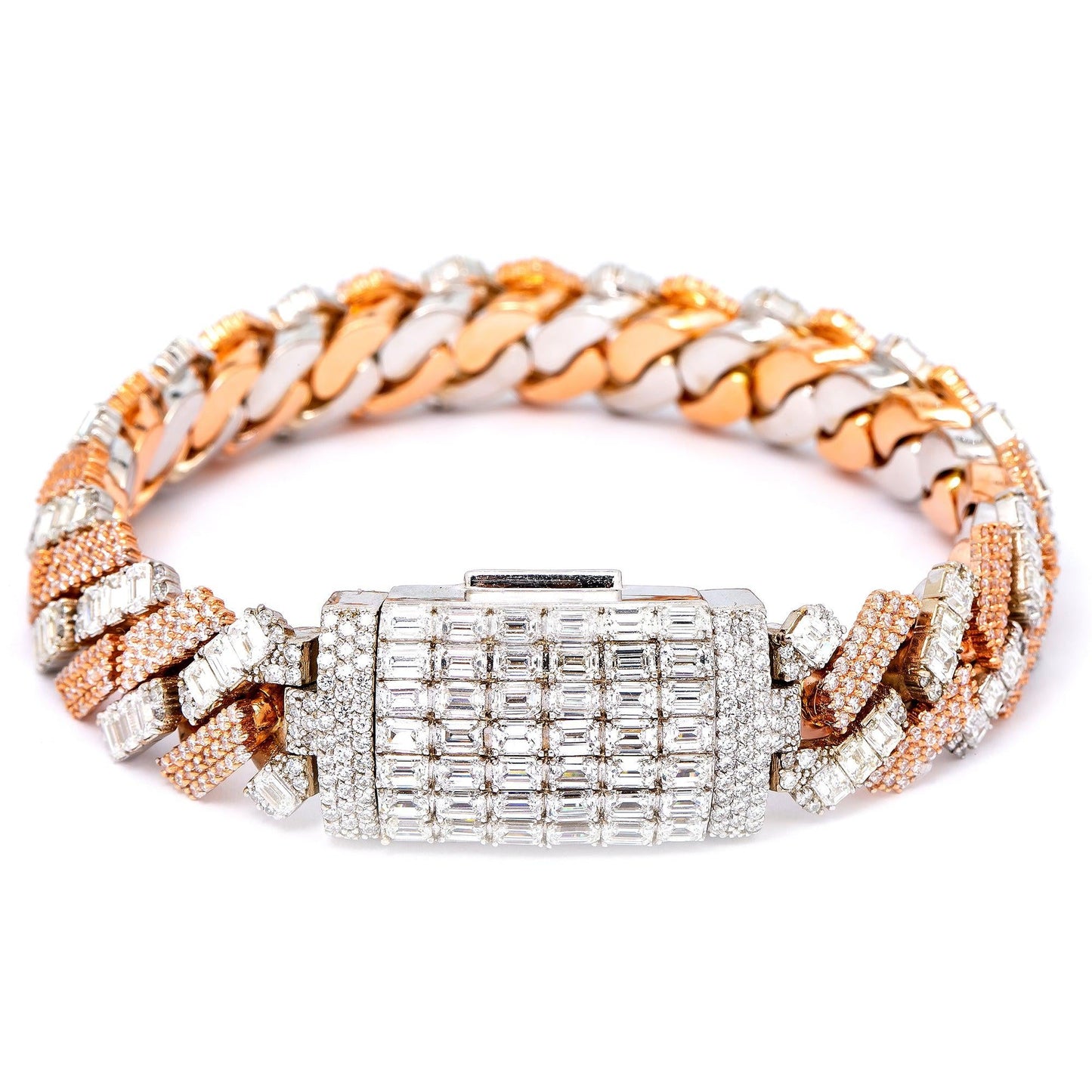 14K GOLD TWO-TONE CUBAN BRACELET AND LOCK WITH BAGUETTE DIAMONDS