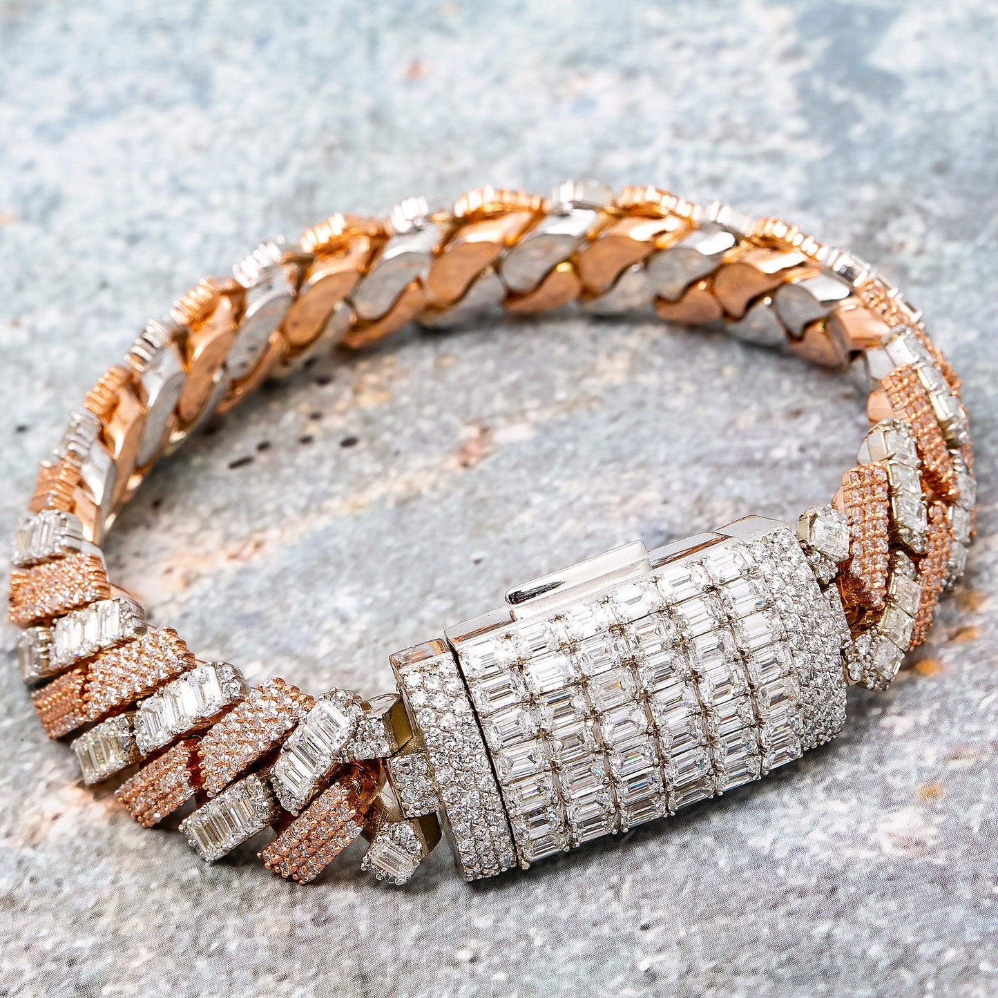 14K GOLD TWO-TONE CUBAN BRACELET AND LOCK WITH BAGUETTE DIAMONDS