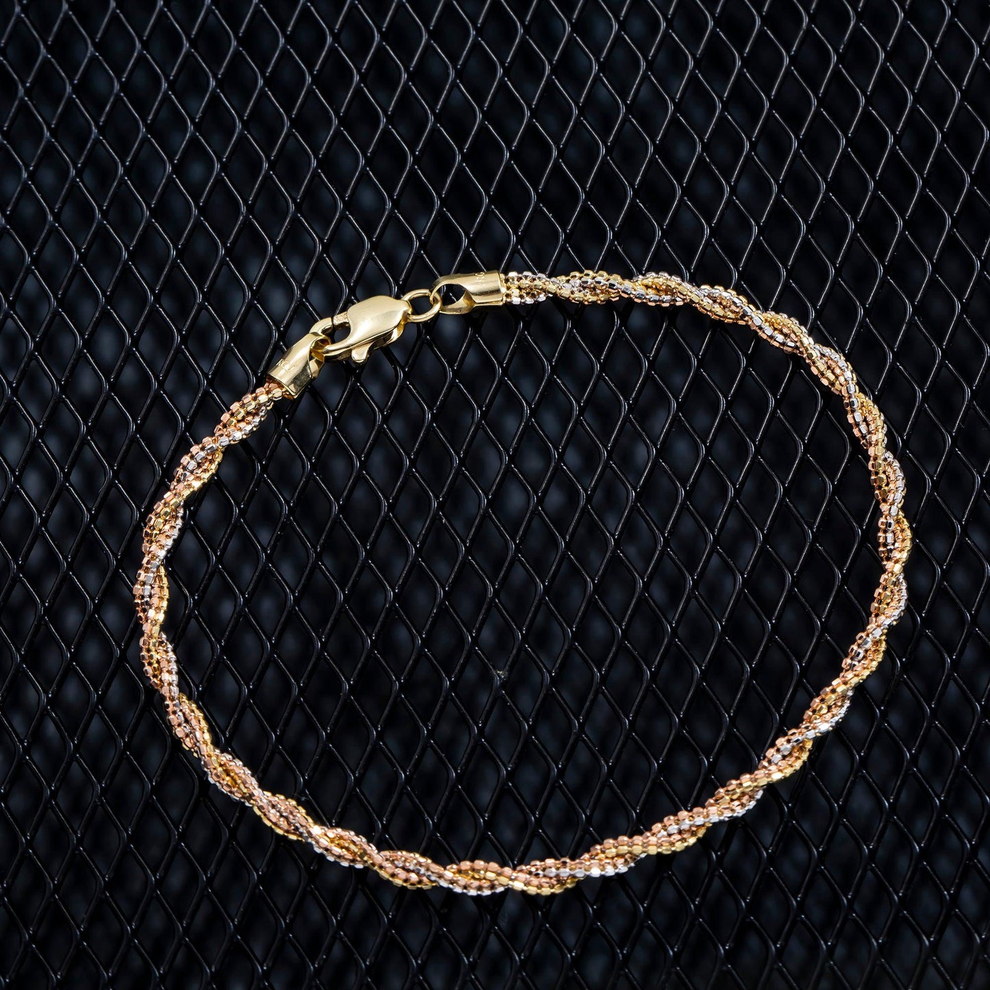 14K GOLD TRI-COLOR DIAMOND CUT BEADED ROPE BRACELET
