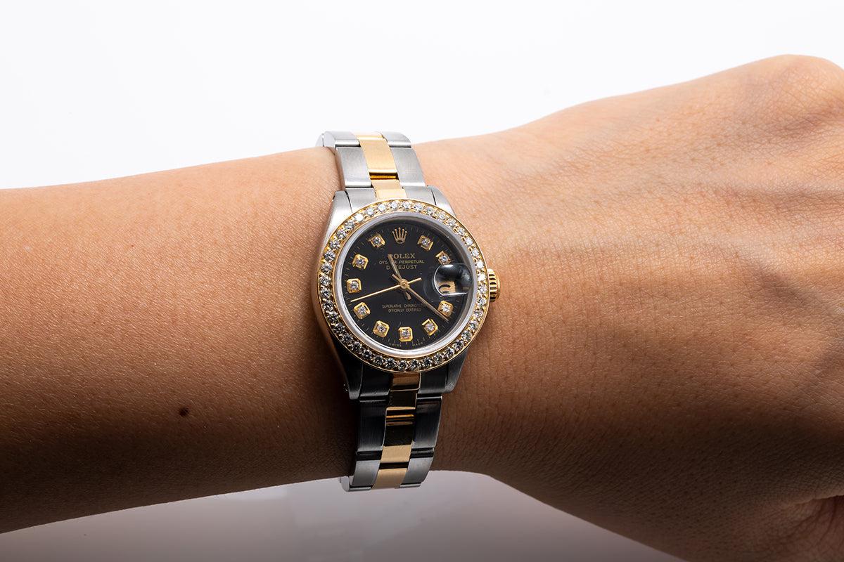 Rolex Datejust Two Tone Diamond Watch, 69173 26mm, Black Dial With 0.90CT Diamond Bezel