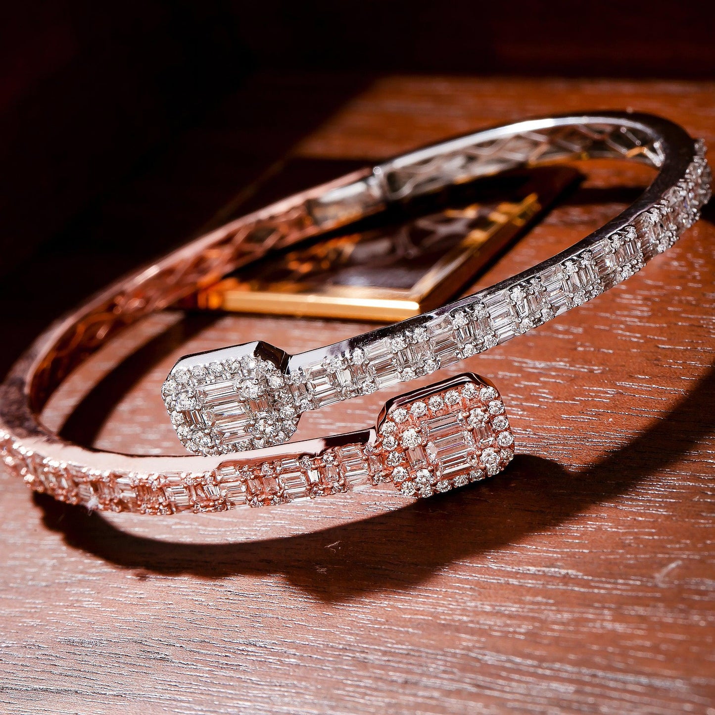 14K Rose And White Gold Baguette Diamonds Bracelet