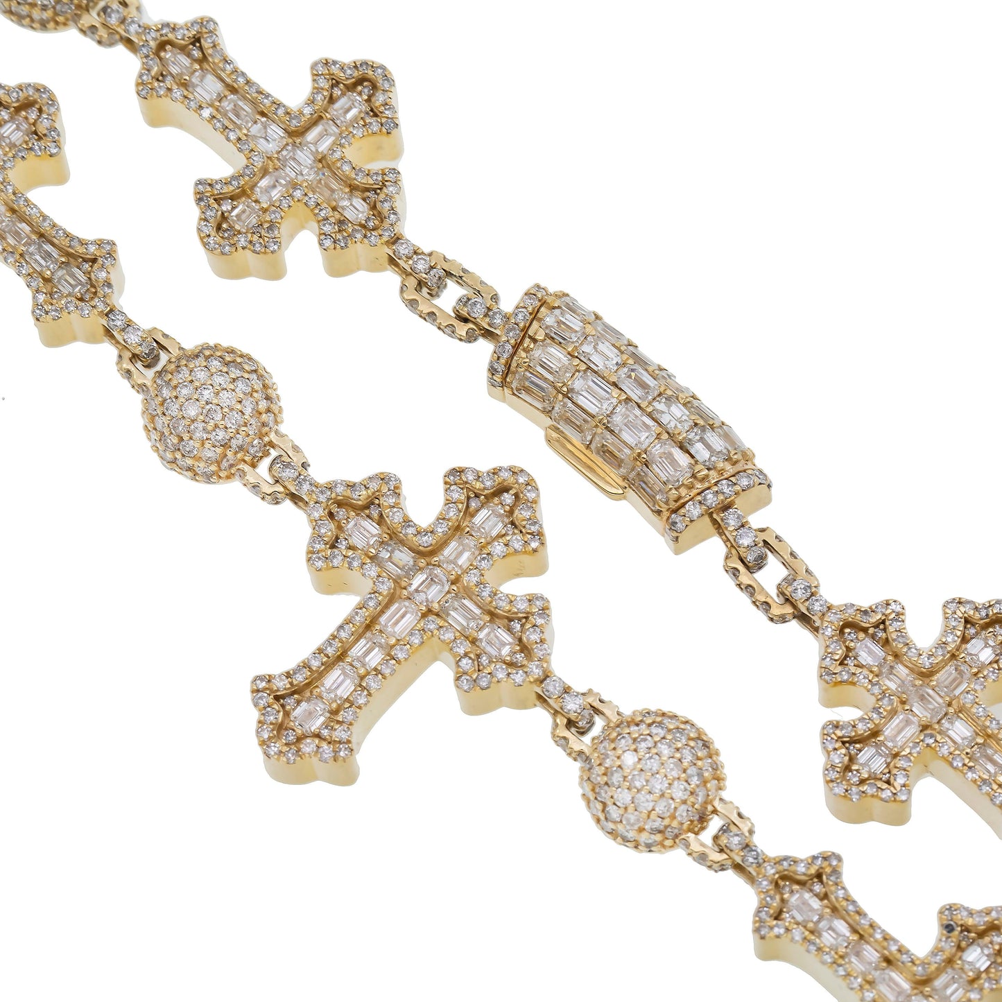 10K GOLD 10.9MM BAGUETTE DIAMOND CROSS BALL CHAIN 38.14 CT