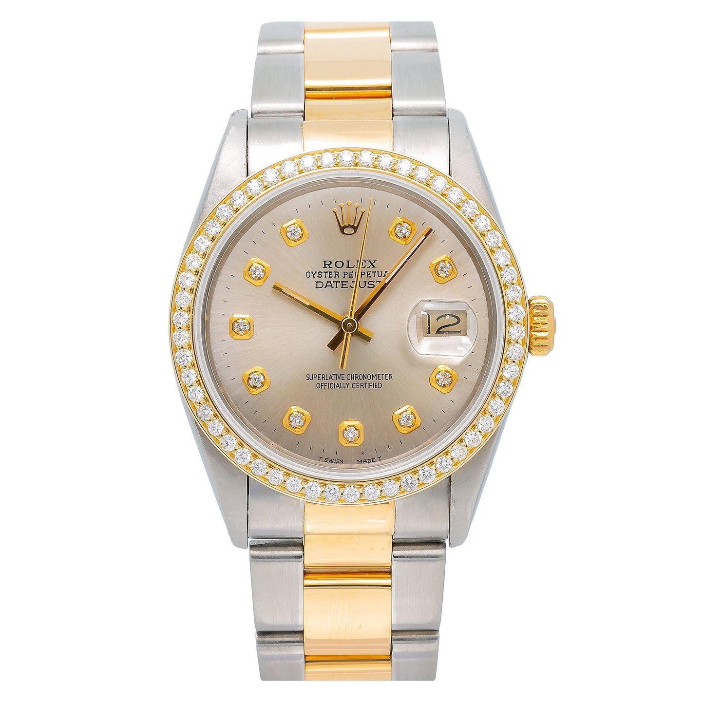 ROLEX DATEJUST 16013 36MM SILVER DIAMOND DIAL WITH TWO TONE OYSTER BRACELET