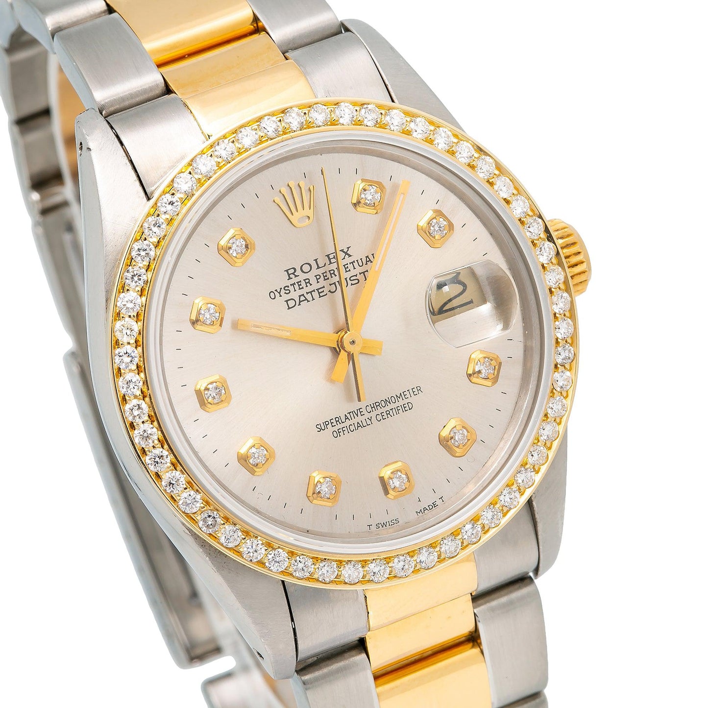ROLEX DATEJUST 16013 36MM SILVER DIAMOND DIAL WITH TWO TONE OYSTER BRACELET