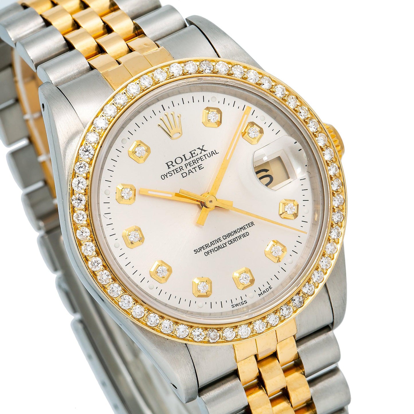 Rolex Oyster Perpetual Date 15203 34MM Silver Diamond Dial With Two Tone Jubilee Bracelet