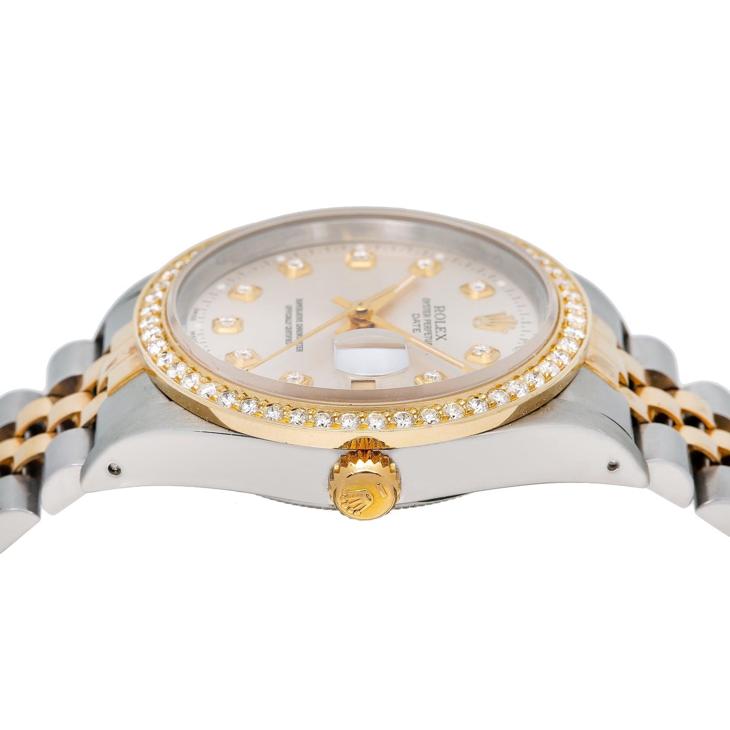 Rolex Oyster Perpetual Date 15203 34MM Silver Diamond Dial With Two Tone Jubilee Bracelet