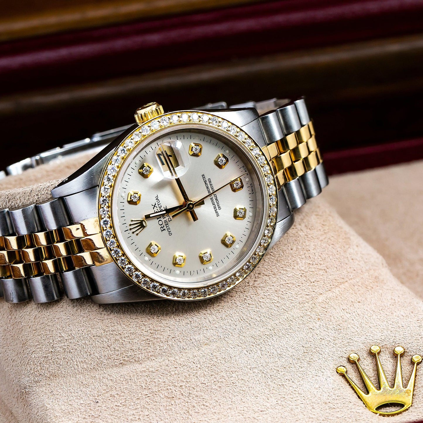 Rolex Oyster Perpetual Date 15203 34MM Silver Diamond Dial With Two Tone Jubilee Bracelet