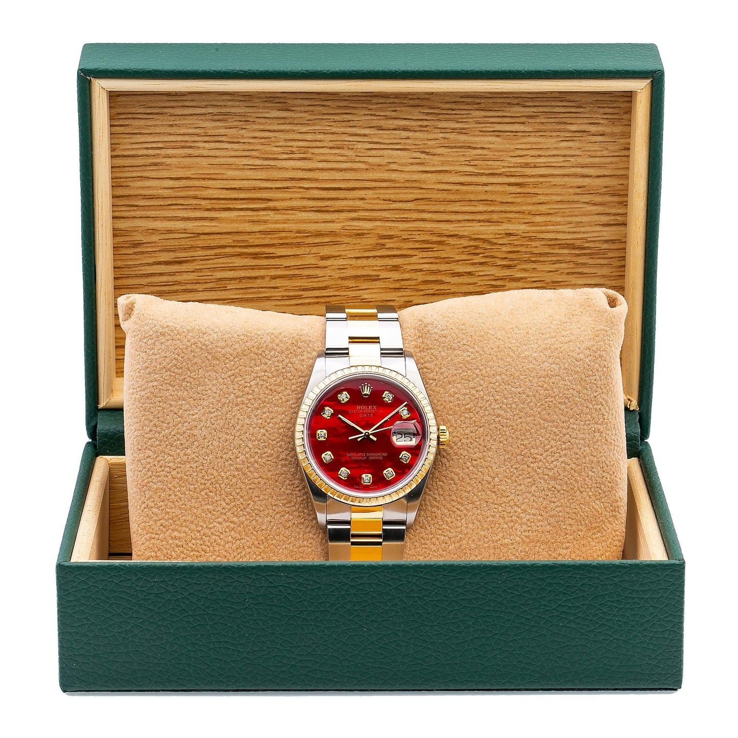 Rolex Oyster Perpetual Date 15223 34MM Red Diamond Dial With 1.20 CT Diamonds