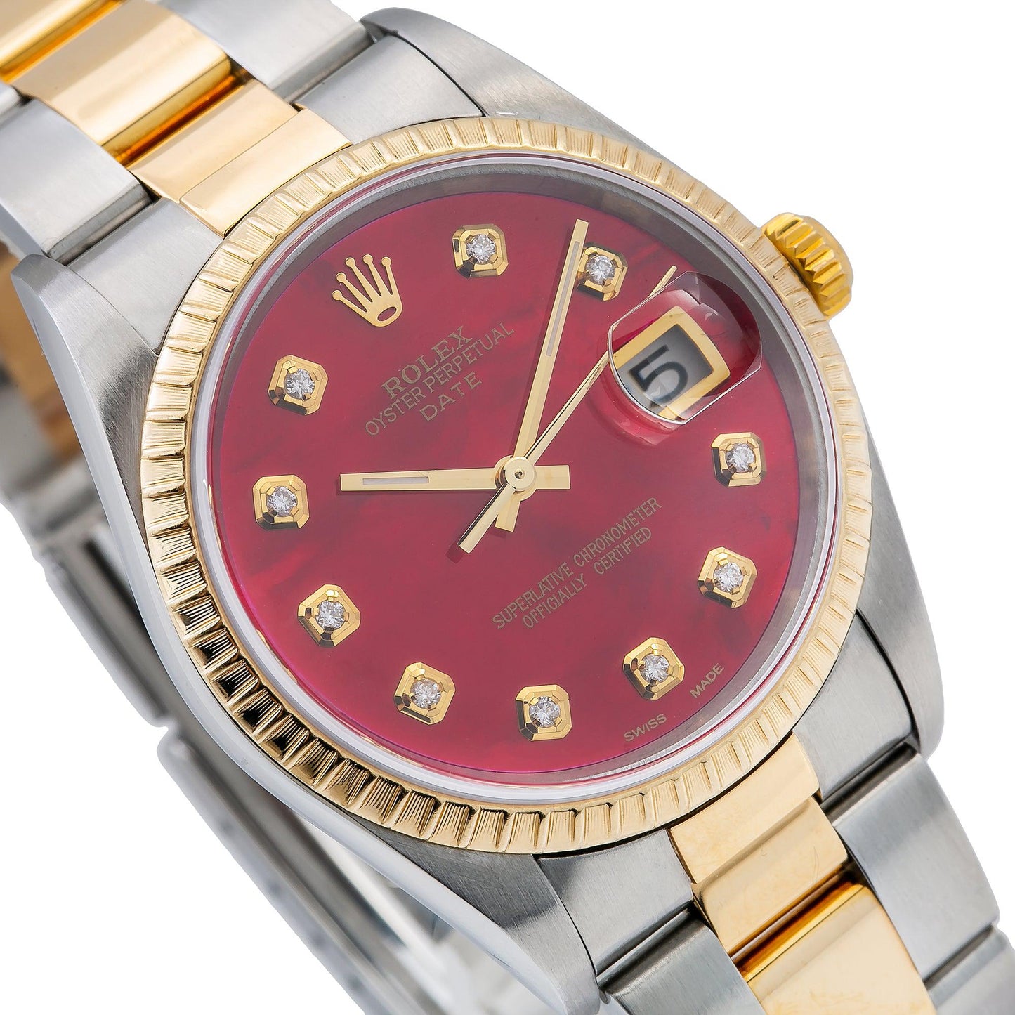 Rolex Oyster Perpetual Date 15223 34MM Red Diamond Dial With 1.20 CT Diamonds