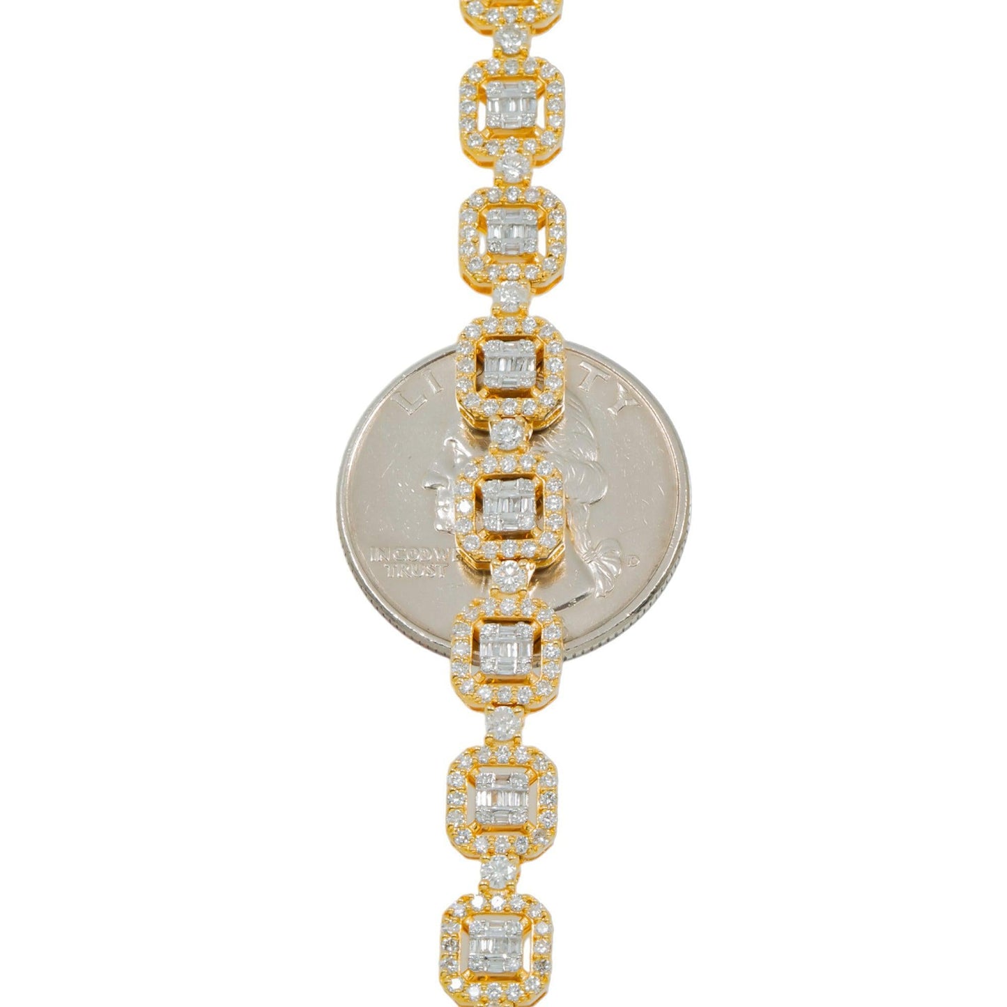 10K GOLD BAGUETTE AND ROUND CLUSTER DIAMOND SQUARE SHAPED CHAIN 12 CT