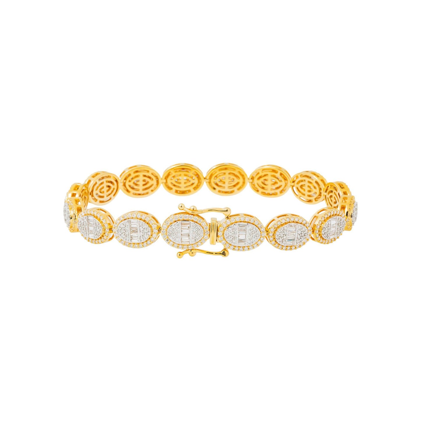 10K GOLD BAGUETTE AND ROUND DIAMONDS CLUSTER OVAL SHAPE STATEMENT BRACELET 5.94 CT