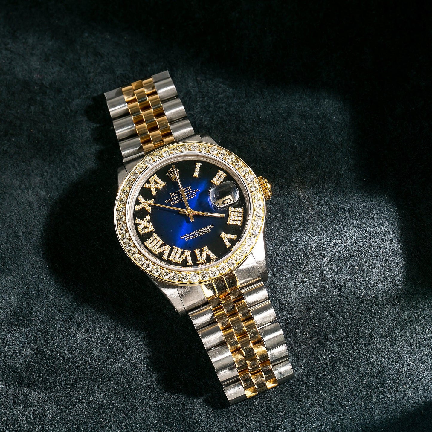 Rolex Datejust Diamond Watch 16014 36mm Blue Custom Diamond Dial With 1.35 CT Diamonds