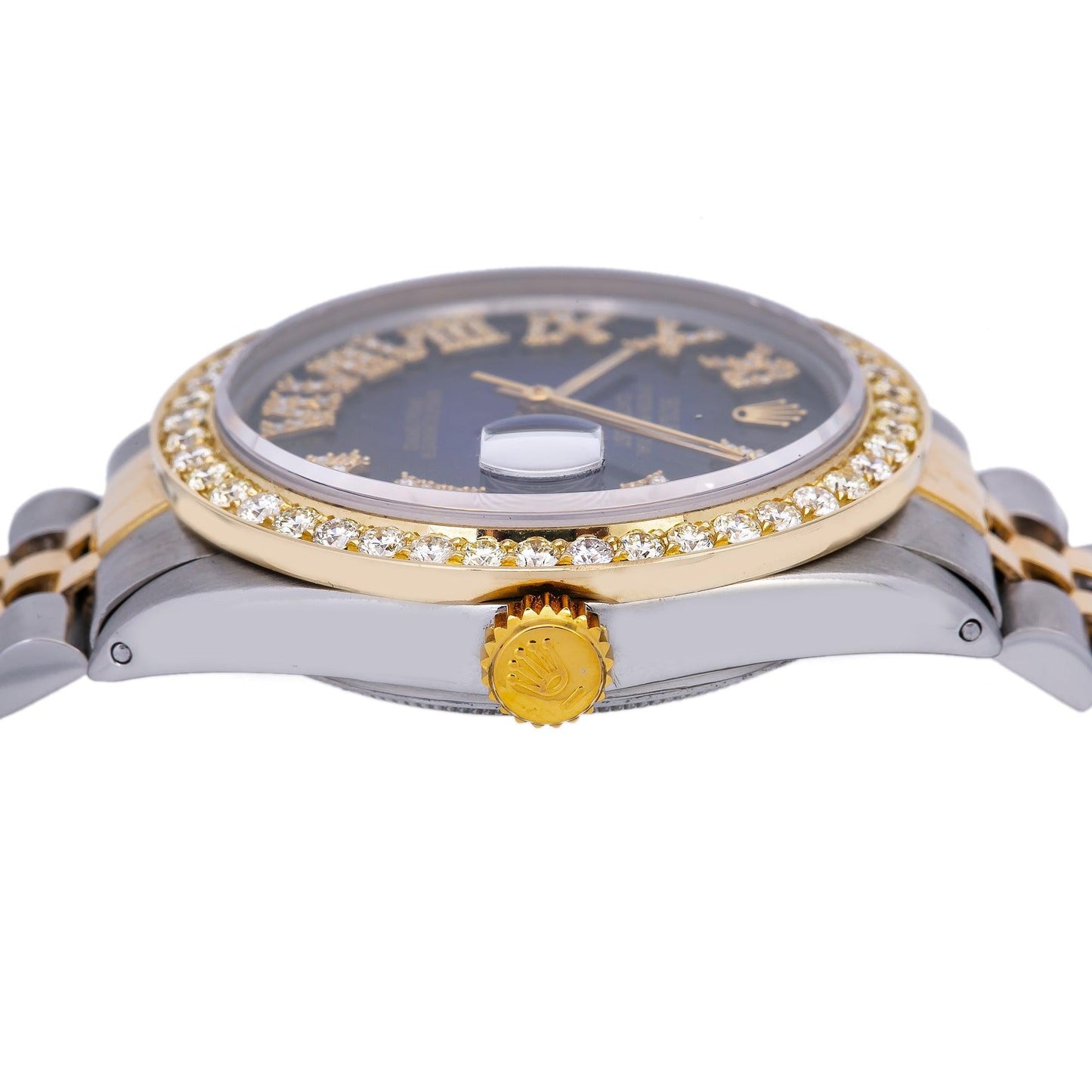 Rolex Datejust Diamond Watch 16014 36mm Blue Custom Diamond Dial With 1.35 CT Diamonds