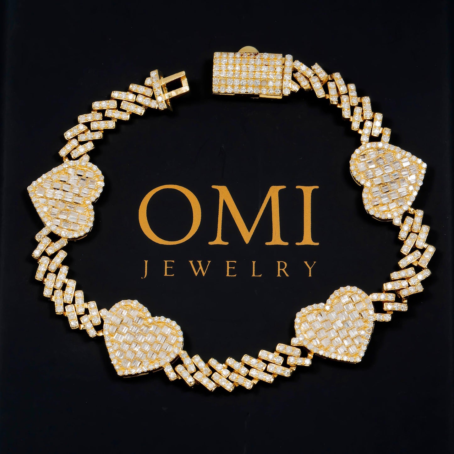 14K GOLD CUBAN HEARTS BRACELET 3.59 CT DIAMONDS