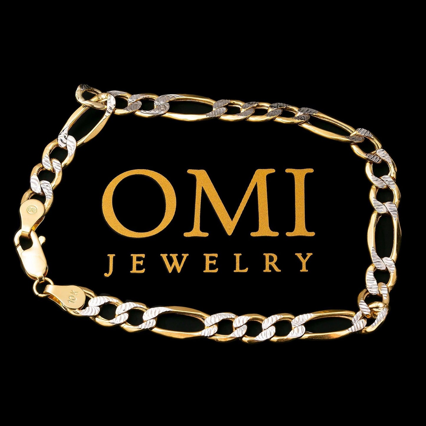HOLLOW 10K YELLOW GOLD DIAMOND CUT FIGARO BRACELET