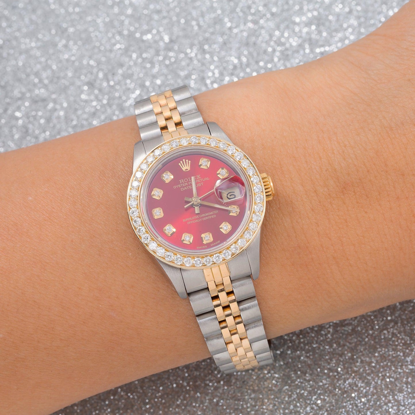 Rolex Lady-Datejust 69173 26MM Red Diamond Dial With Two Tone Jubilee Bracelet