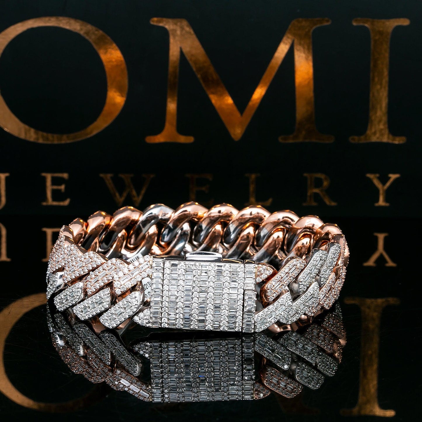 14K WHITE/ROSE GOLD 8.5 INCHES CUBAN BRACELET BAGUETTE DIAMONDS