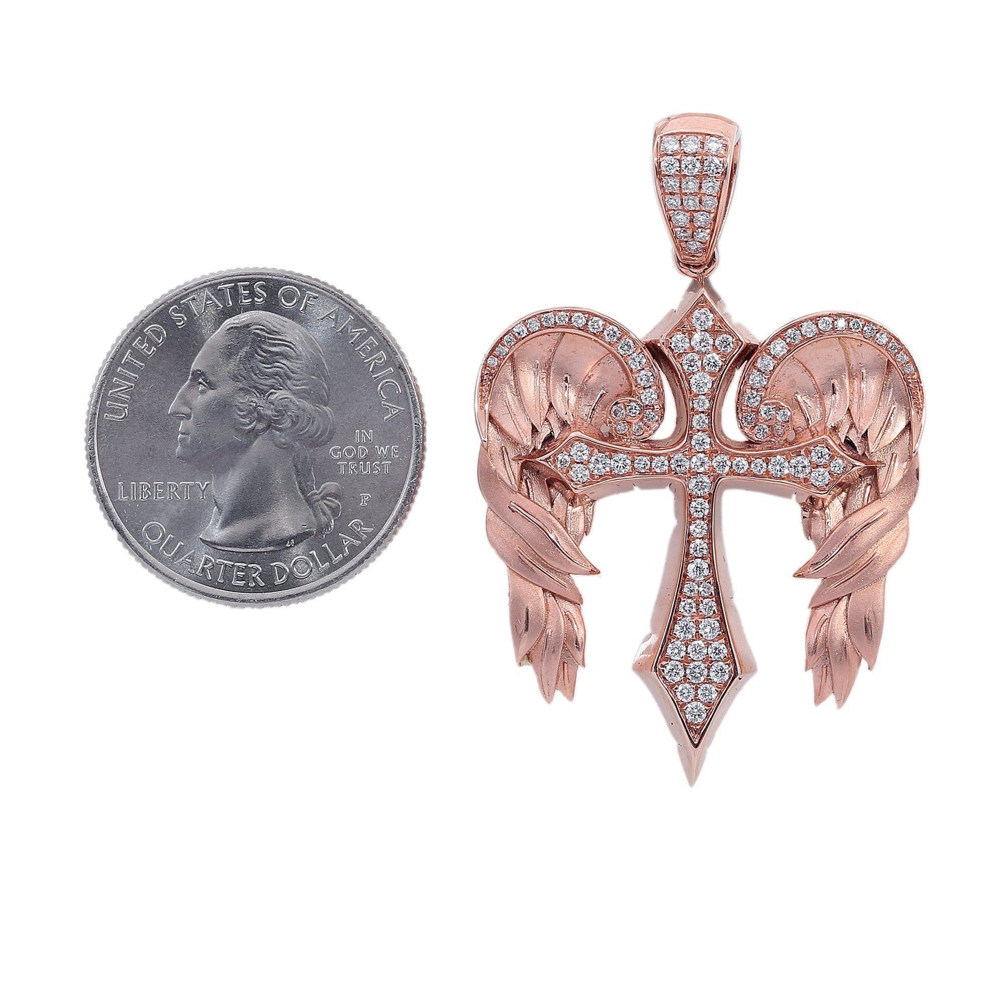 14K Rose Gold Diamond Angel Wings Shaped Cross Pendant