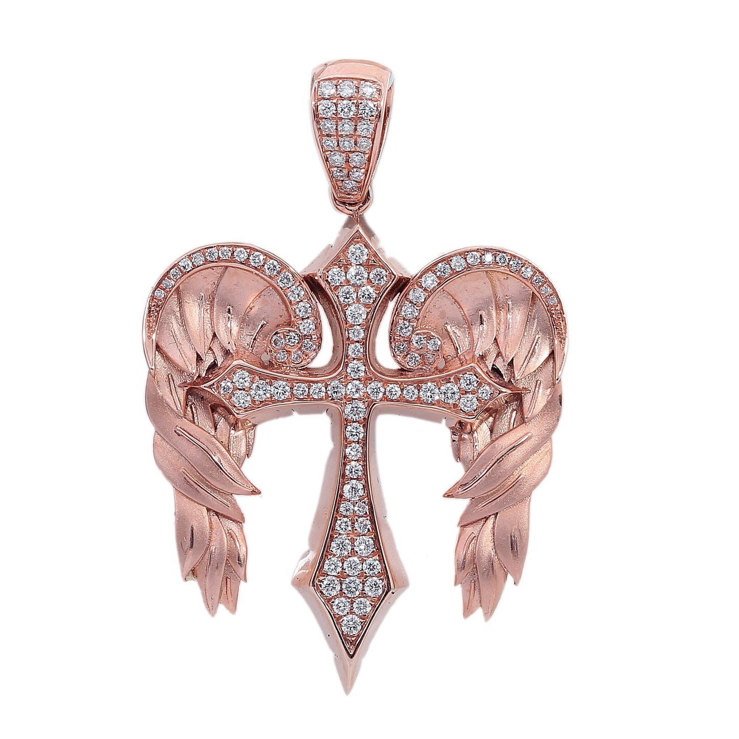 14K Rose Gold Diamond Angel Wings Shaped Cross Pendant