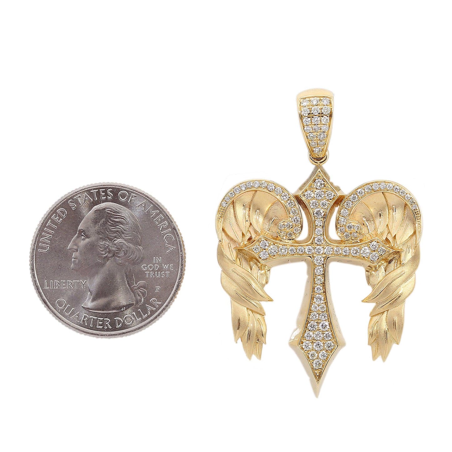14K Yellow Gold Diamond Angel Wings Cross Shaped Pendant