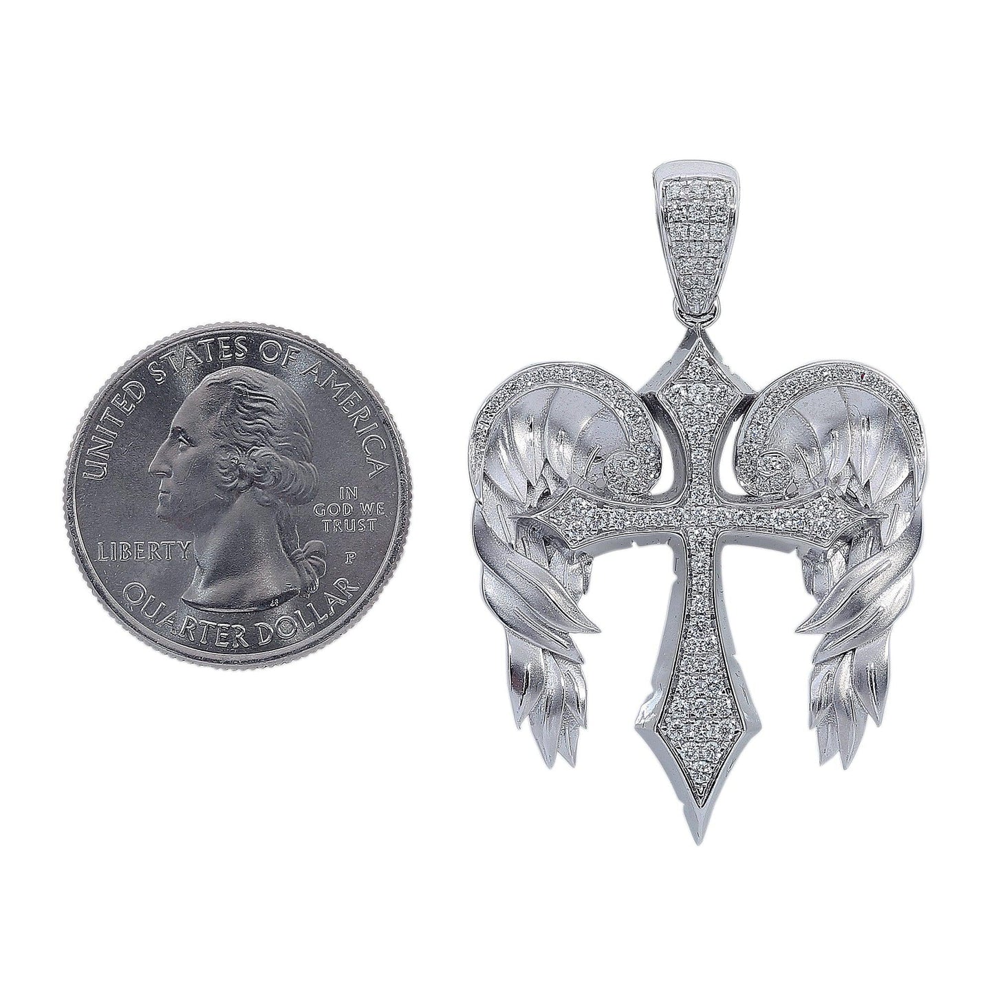 14K White Gold Diamond Angel Wings Cross Shaped Pendant