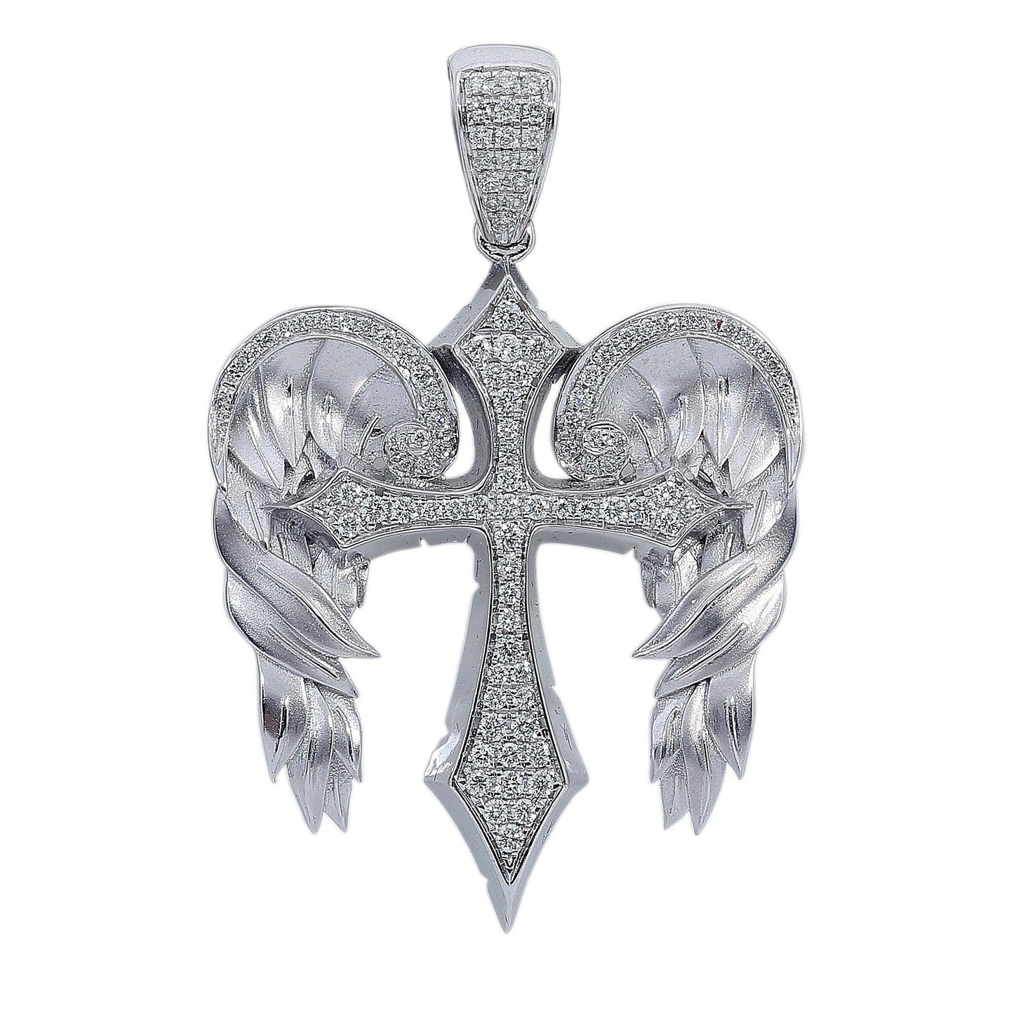 14K White Gold Diamond Angel Wings Cross Shaped Pendant