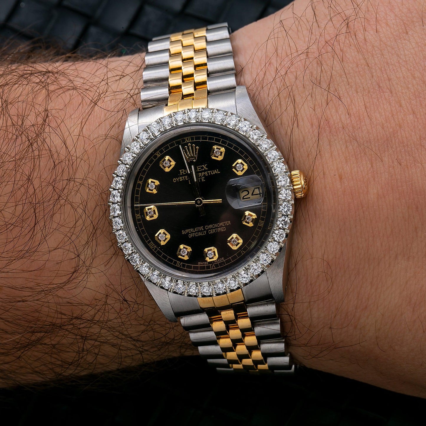 Rolex Oyster Perpetual Date 15053 34MM Black Diamond Dial With 1.30 CT Diamonds