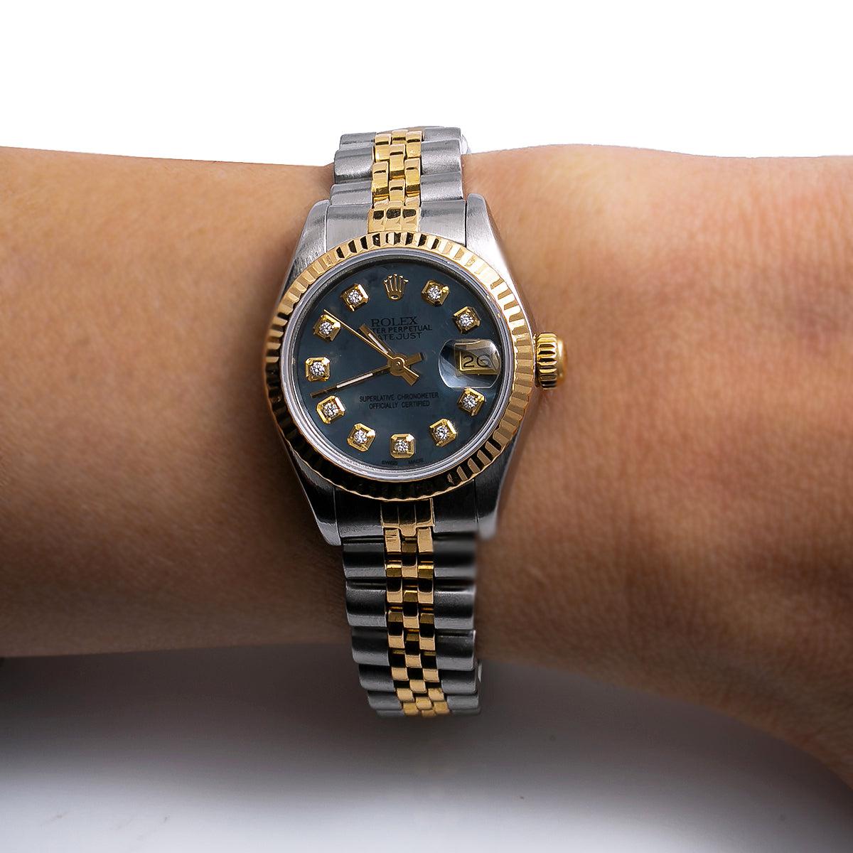 Rolex Datejust Two Tone Diamond Watch, 6917 26mm, Blue Dial with Diamond Hour Marks