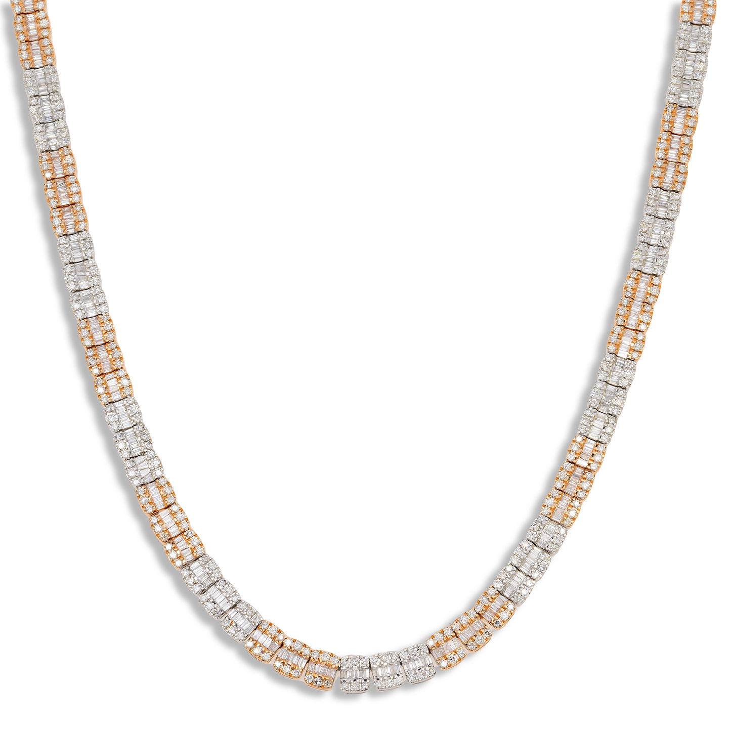 10K GOLD 5MM TWO TONE BAGUETTE AND ROUND DIAMOND CHAIN 10.91 CT