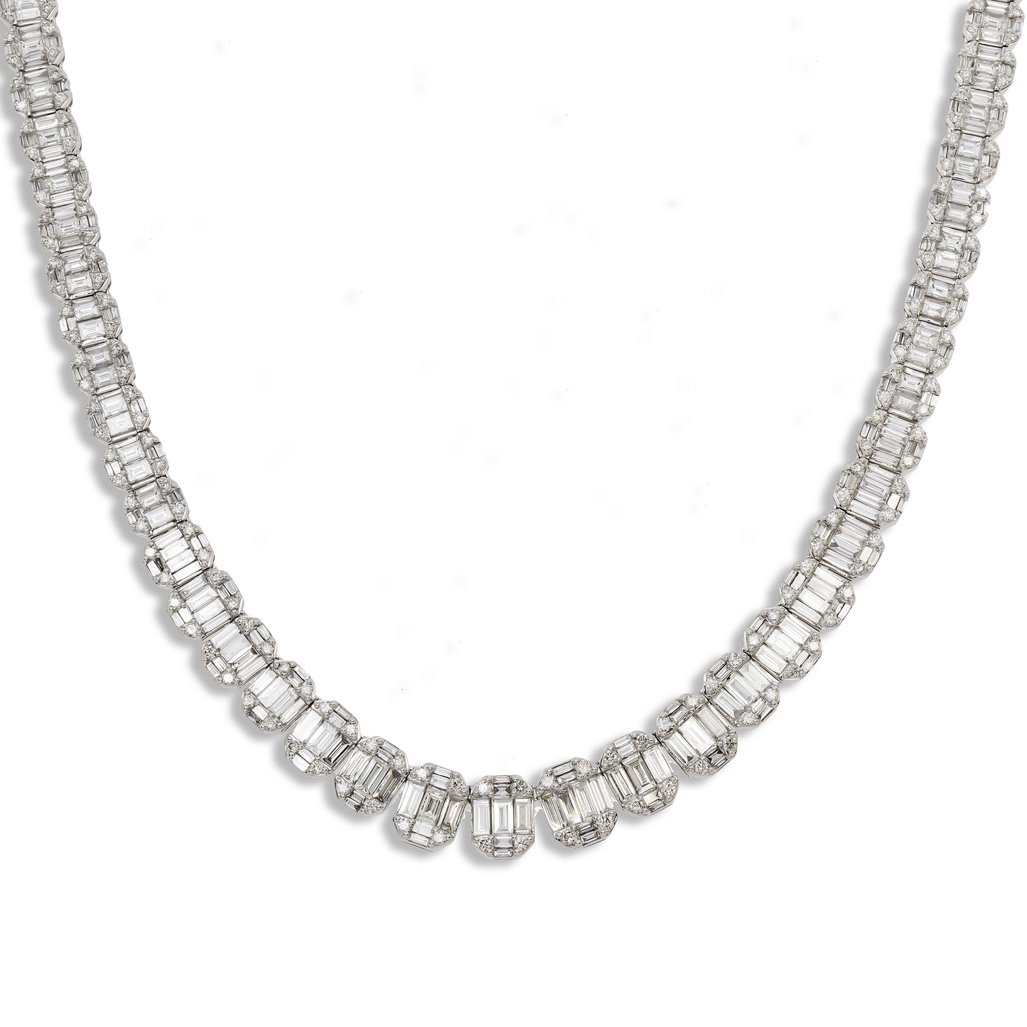 14K GOLD GRADUATED BAGUETTE OVAL DIAMOND CLUSTER CHAIN 21.50 CT