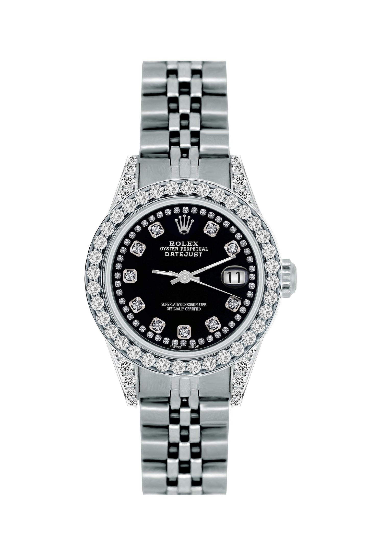 Rolex Datejust Diamond Watch, 26mm, Stainless SteelBracelet Black Dial w/ Diamond Bezel and Lugs