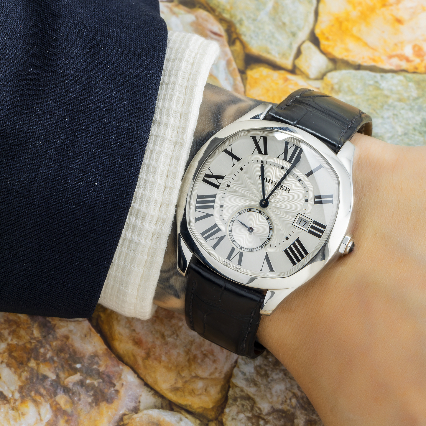 Cartier Drive WSNM0004 41MM Silver Guilloche Dial With Black Alligator Strap
