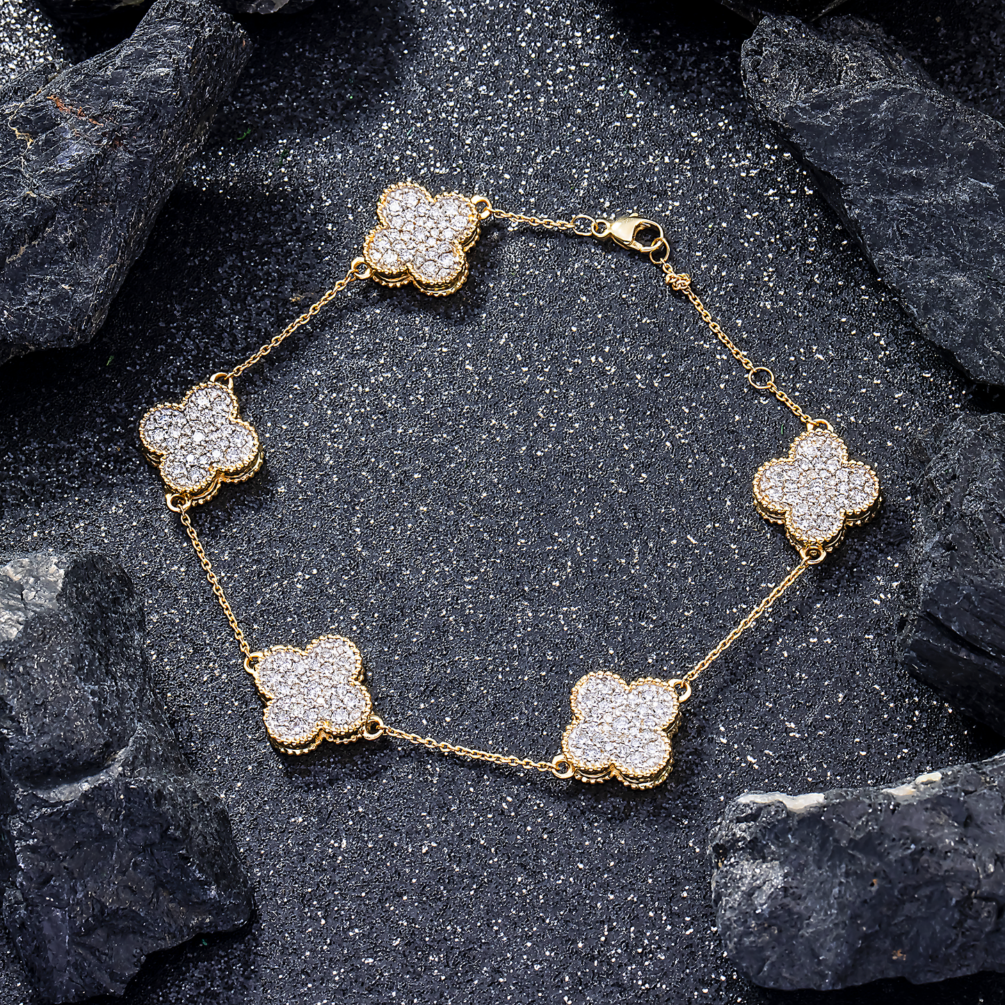 14K GOLD ROUND DIAMOND CLOVER CHAIN BRACELET 3.45 CT