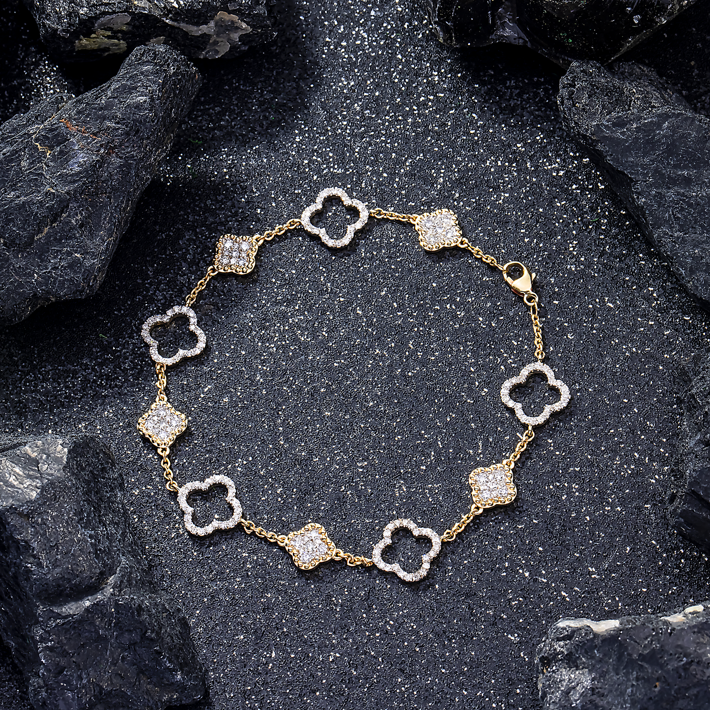 14K GOLD ROUND DIAMOND TWO TONE CLOVER CHAIN BRACELET 0.94 CT