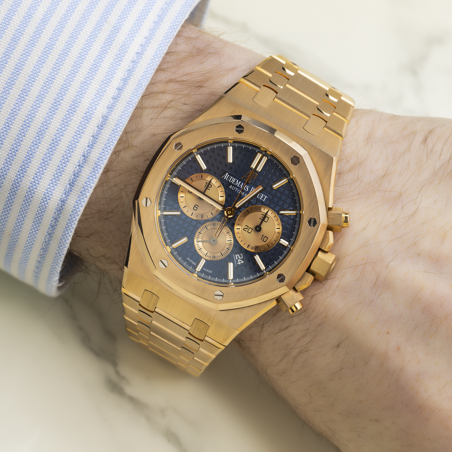AUDEMARS PIGUET ROYAL OAK CHRONOGRAPH 26331OR 41MM BLUE DIAL WITH ROSE GOLD BRACELET