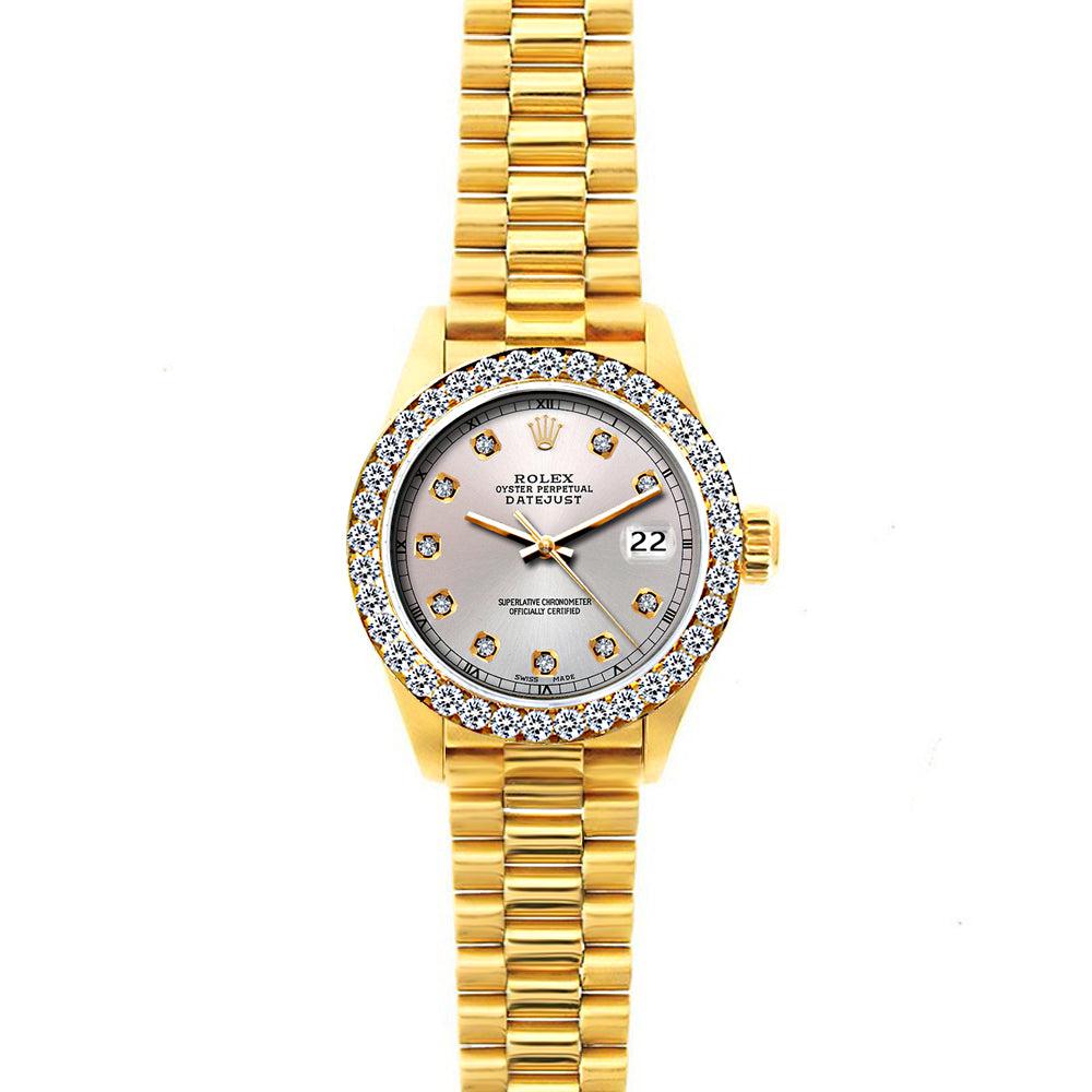18k Yellow Gold Rolex Datejust Diamond Watch, 26mm, President Bracelet Silver Dial w/ Diamond Bezel