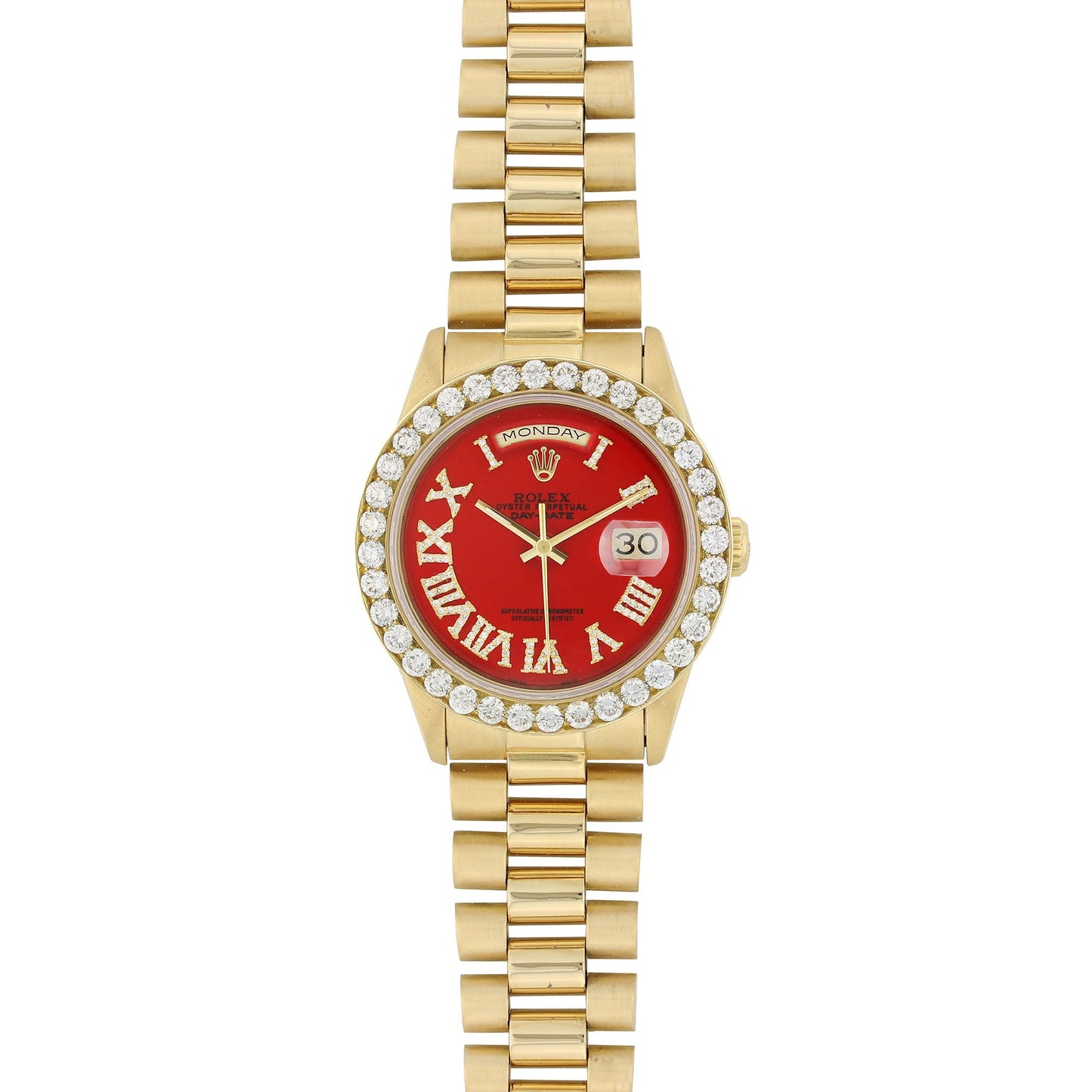 Yellow Gold Rolex Day Date President Diamond Watch, 36mm, Red Roman Numerals Dial 18K Yellow Gold W/ Diamond Bezel
