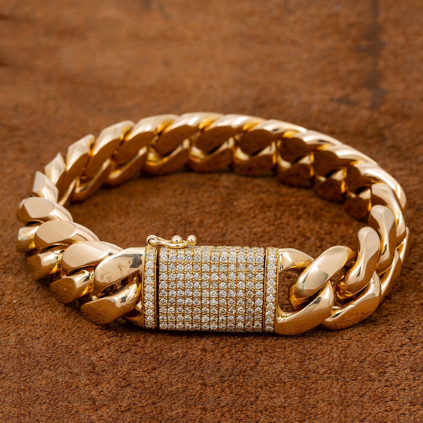 14K Yellow Gold Men's Cuban Bracelet 17MM With 2.45 CT Diamonds On The Lock
