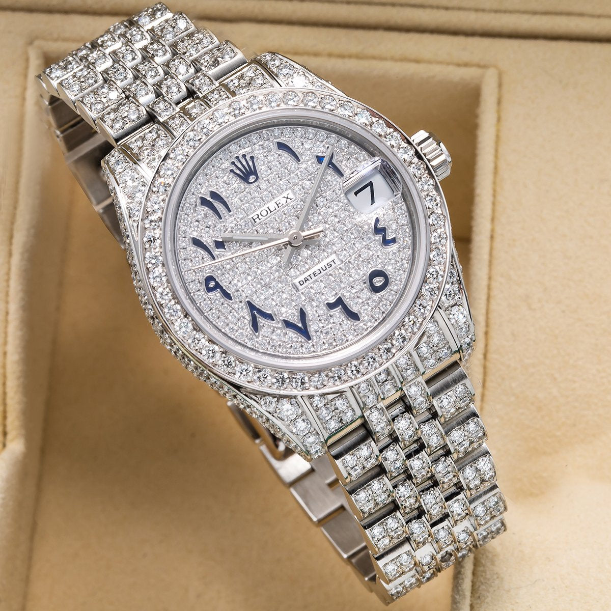 Rolex DateJust Diamond Watch, 179174 26mm, White Diamond Dial Blue Arabic Numerals with CT