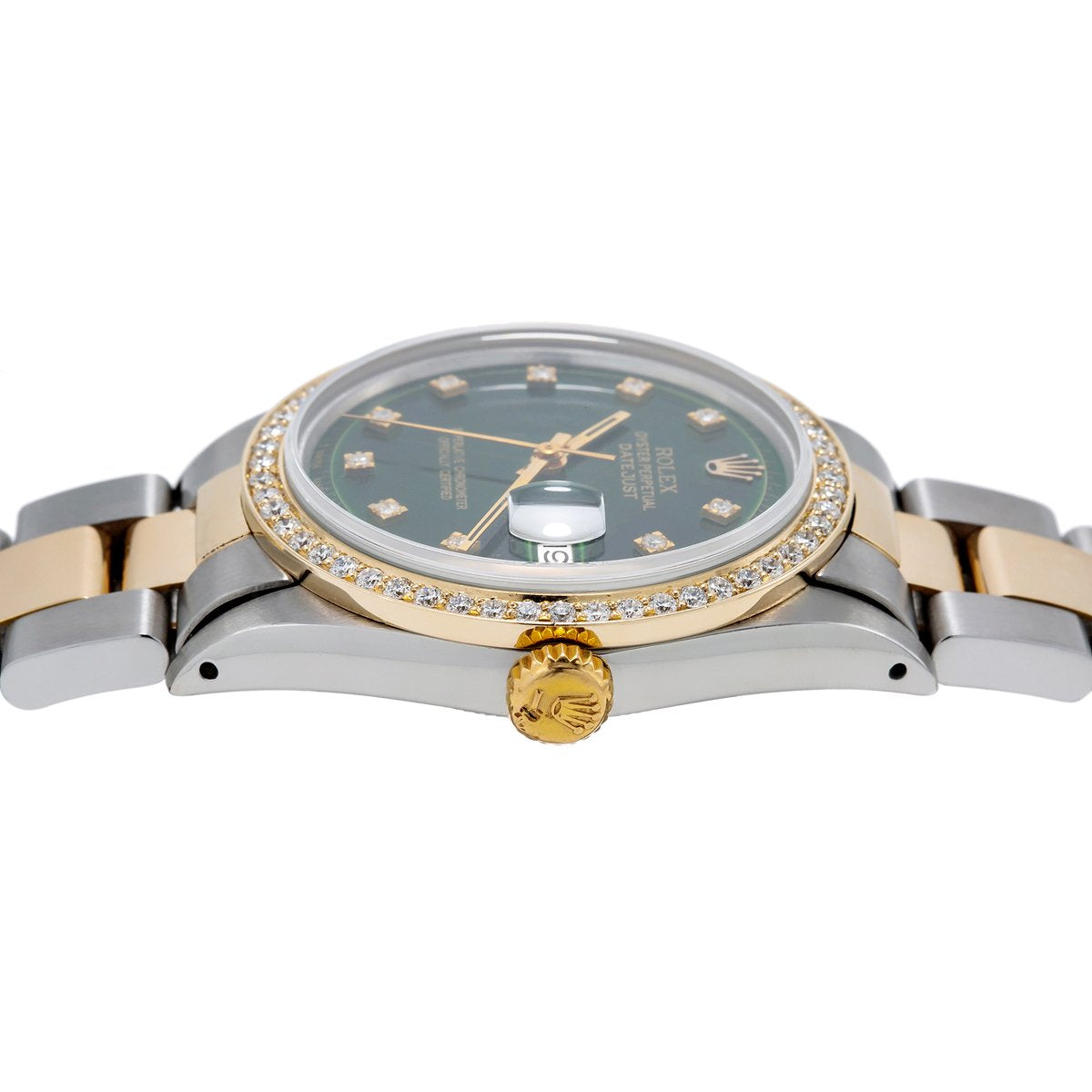 Rolex Datejust Two Tone Diamond Watch, 1601 36mm, Green Dial With 1.20CT Diamond Bezel