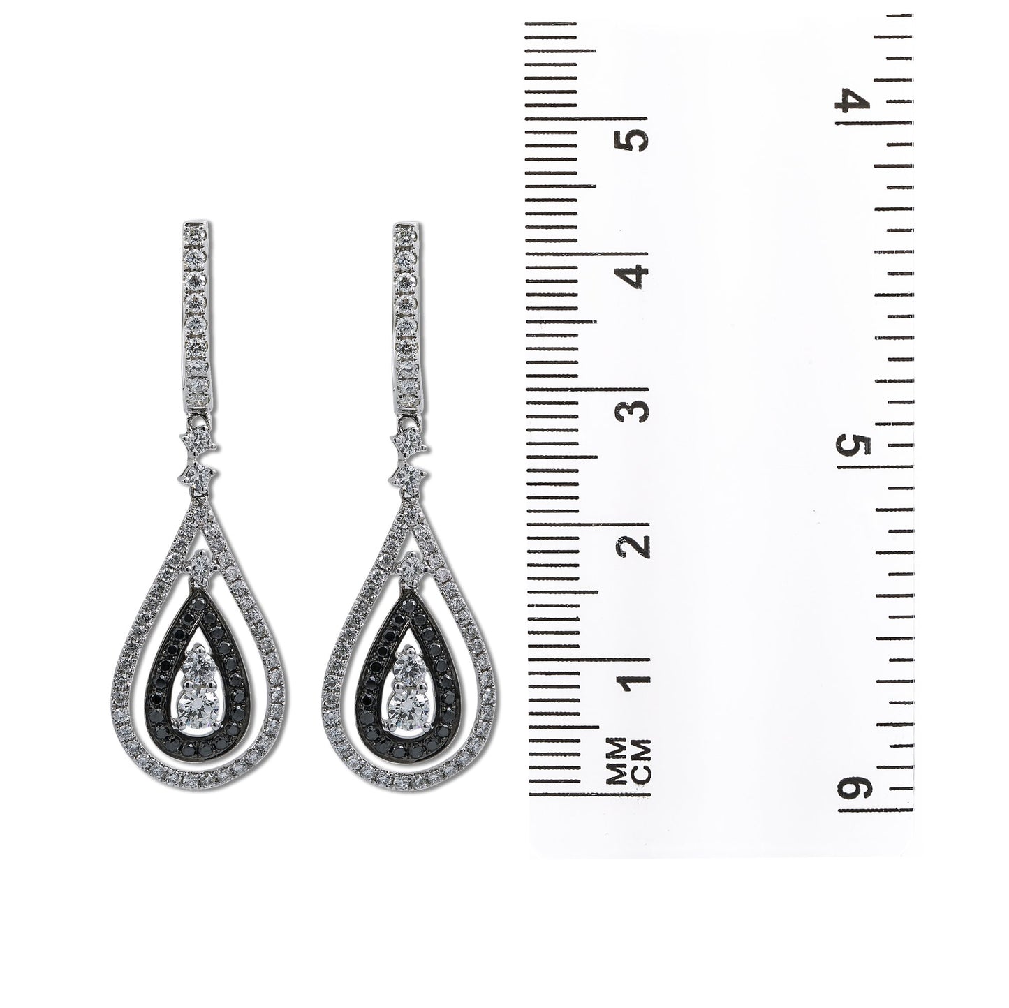 18K White Gold Ladies Tears Shaped Earrings With Black And White Diamonds