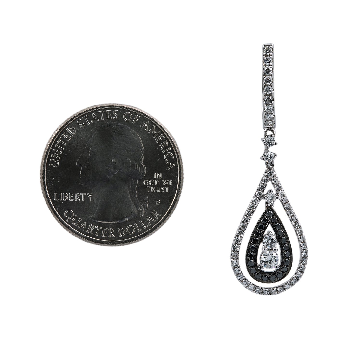 18K White Gold Ladies Tears Shaped Earrings With Black And White Diamonds