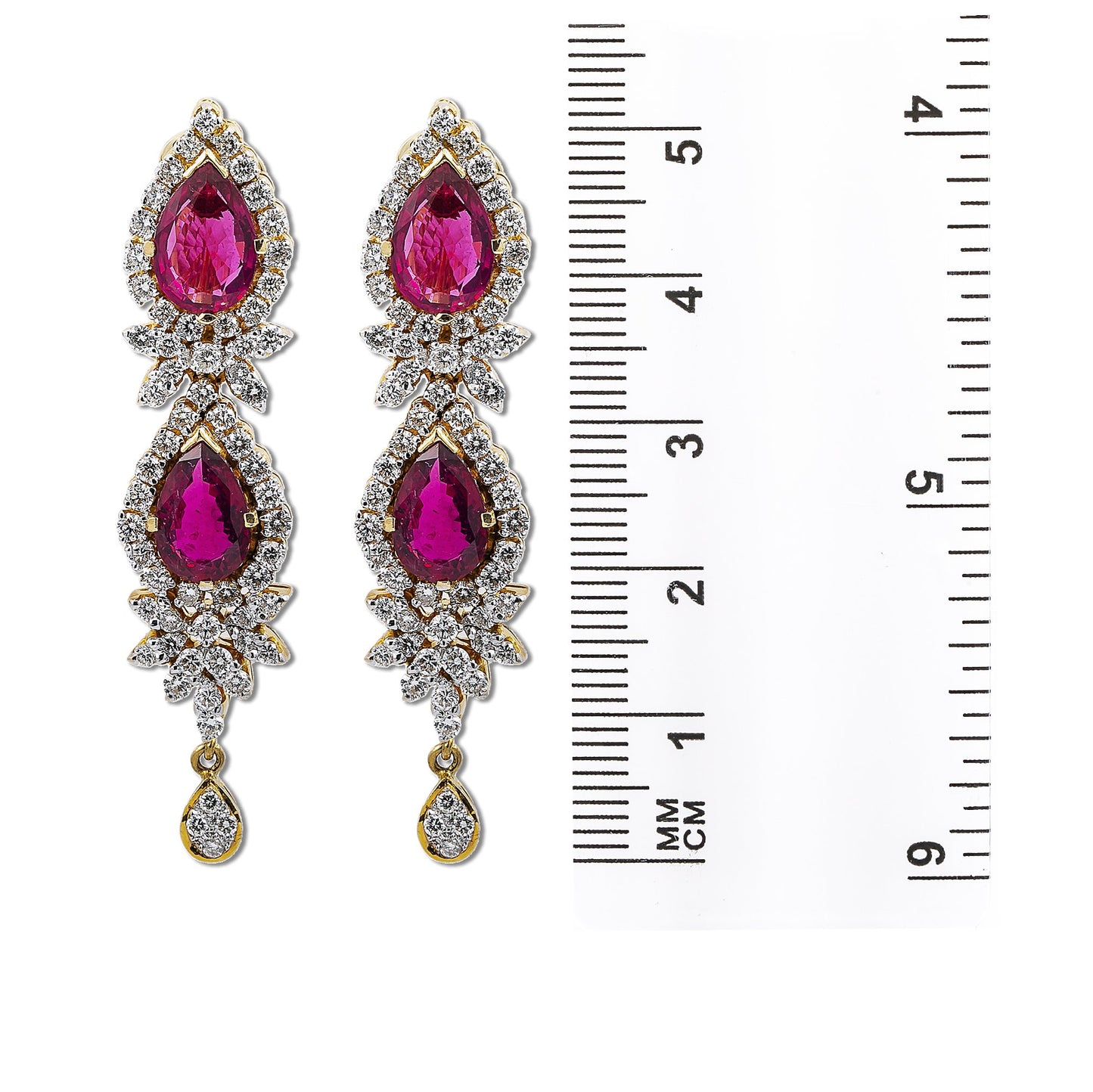 18K Yellow Gold Tears Shaped Ladies Earrings With White Diamonds and Ruby