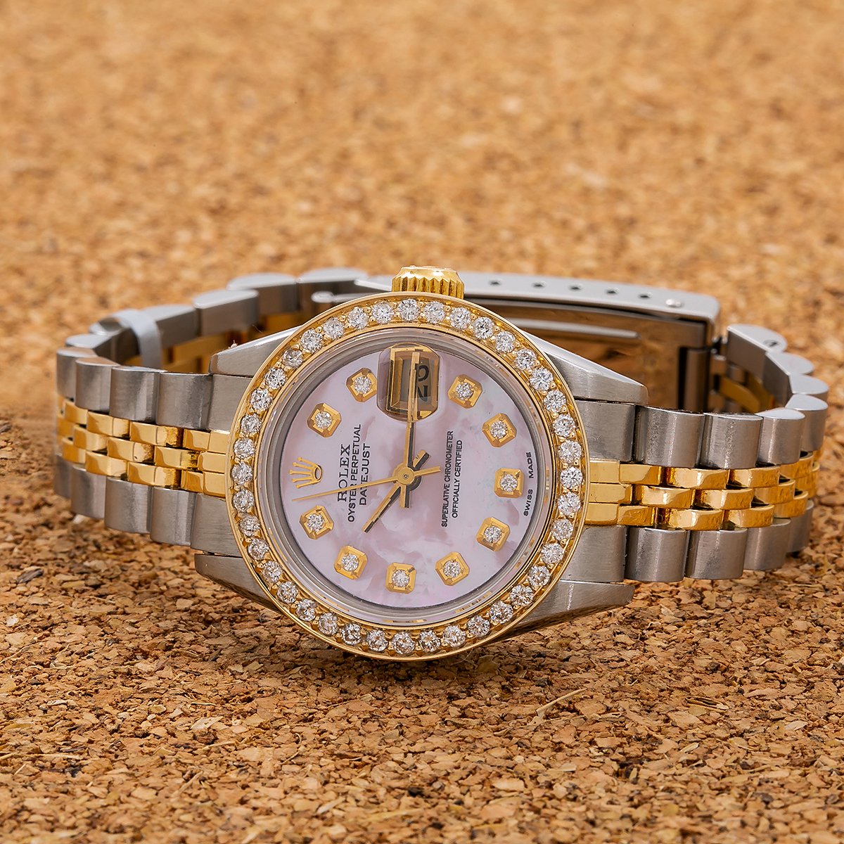 Rolex Datejust Two Tone Diamond Watch, 69173 26mm, Pink Mother of Pearl Dial with 1.3CT Diamond Bezel