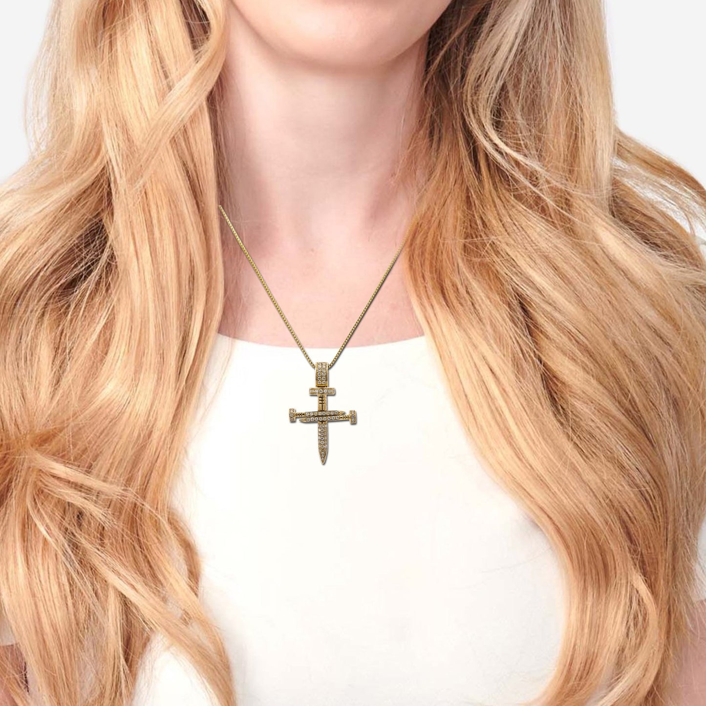 Unisex 14K Yellow Gold Cross of Nails Pendant with 0.40 CT Diamonds