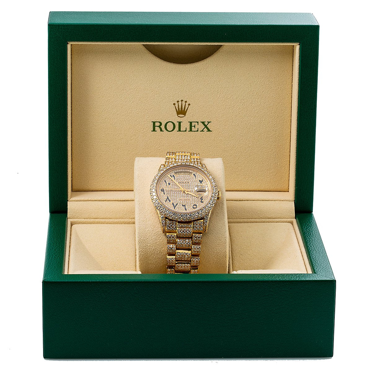 Rolex Day-Date Diamond Watch, 18038 36mm, Champagne Custom Arabic Diamond Dial With 15.75 CT Diamonds