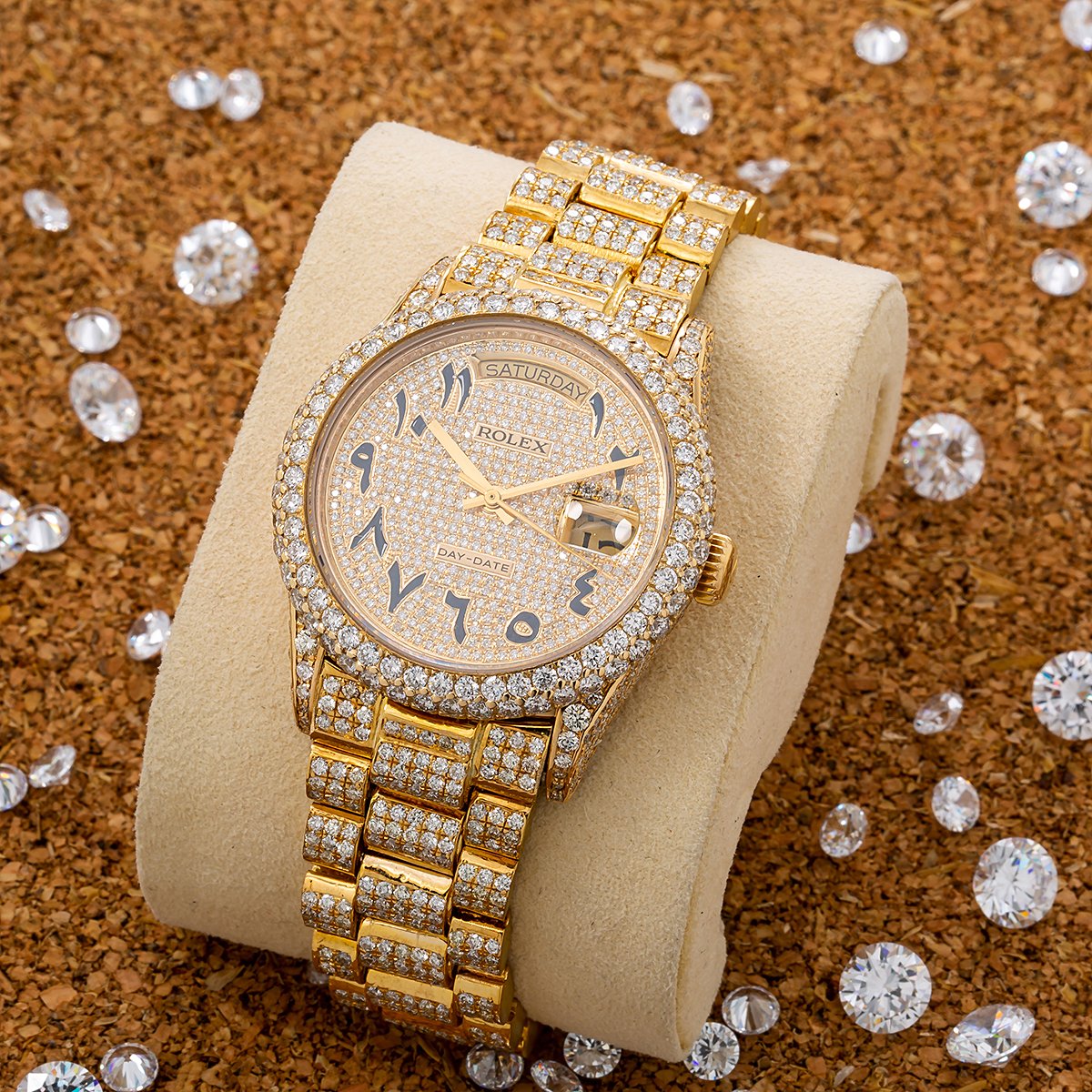 Rolex Day-Date Diamond Watch, 18038 36mm, Champagne Custom Arabic Diamond Dial With 15.75 CT Diamonds