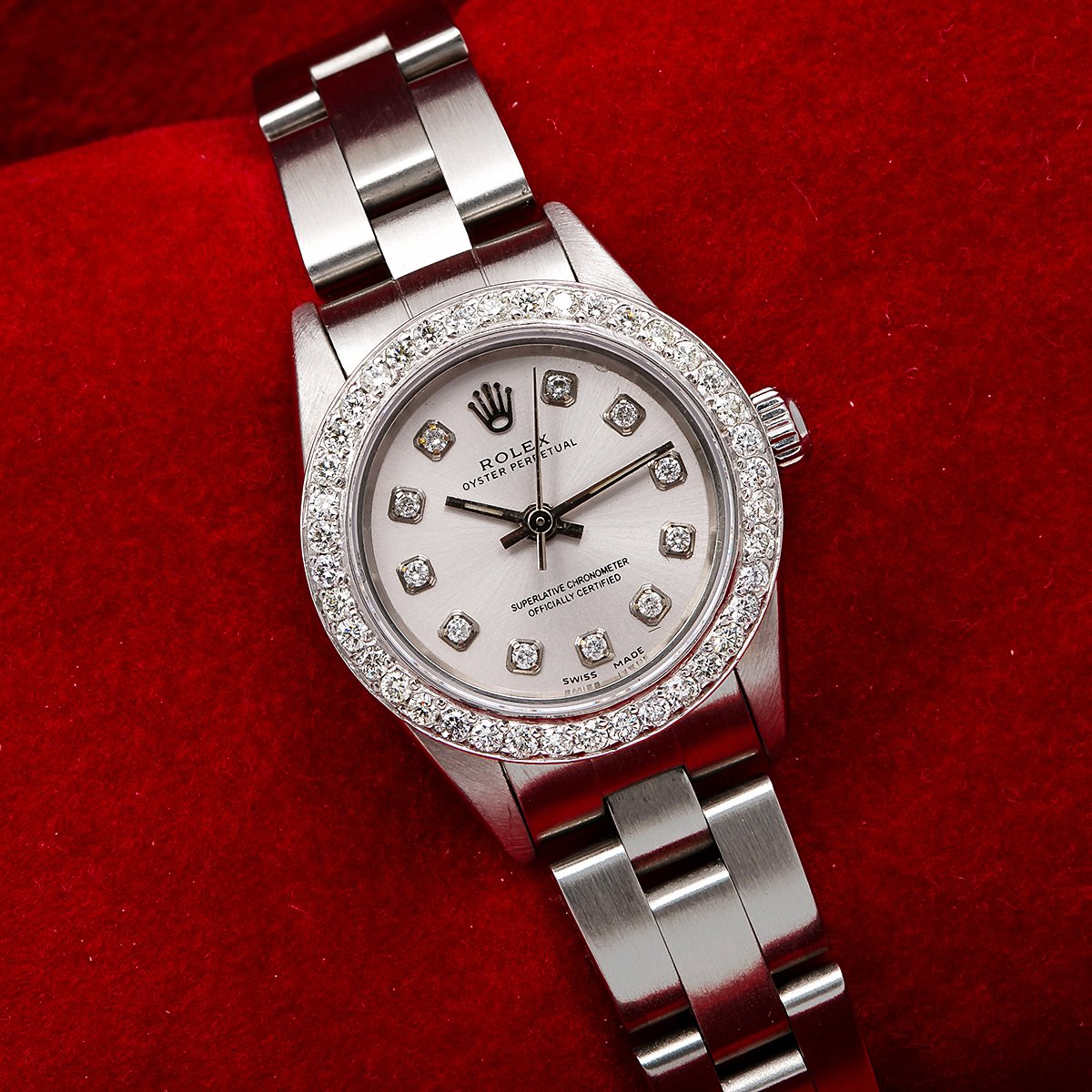 Rolex Oyster Perpetual Ladies Diamond Watch, 76094 26mm, Silver Diamond Dial With 0.90 CT Diamonds