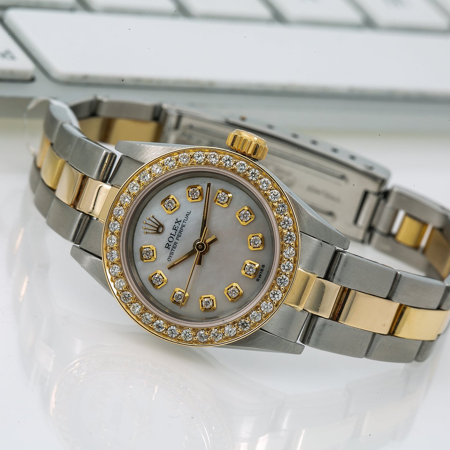 Rolex Oyster Perpetual Diamond Watch, 24mm, White Diamond Dial With 0.90 CT Diamonds
